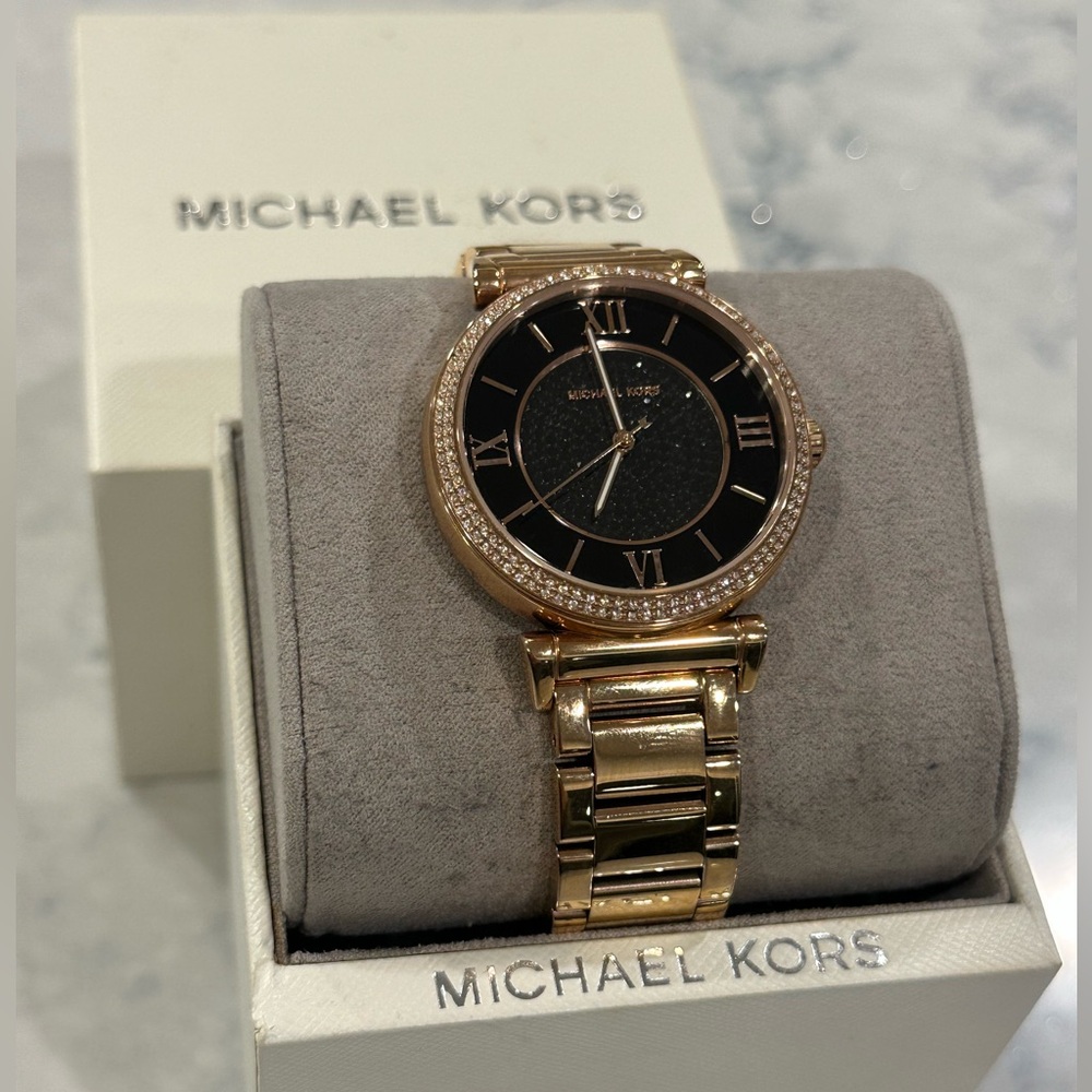Michael Kors Caitlin Rose Gold and Black Rhinestone Women's Watch MK3356 NWT